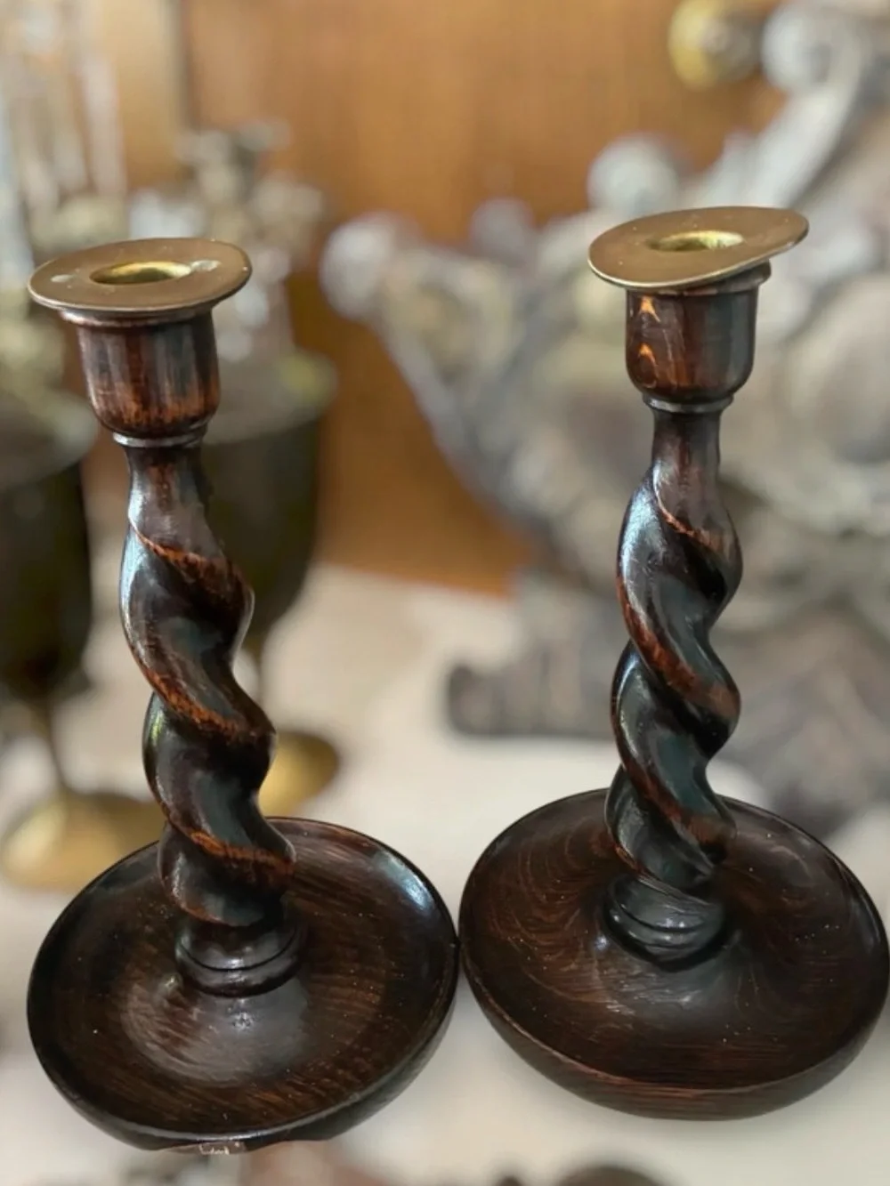 Vintage English Oak Wood Barley Twist Candlesticks Candle Holders Academia Moody